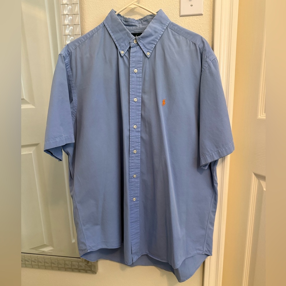 Ralph Lauren Light Blue Short-Sleeve Button-Down with Orange Polo Emblem - XL